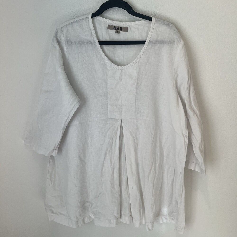 FLAX white 100% Linen Tunic Top Sz M Inverted Pleat Front Scoop Neck 3/4 Sleeve